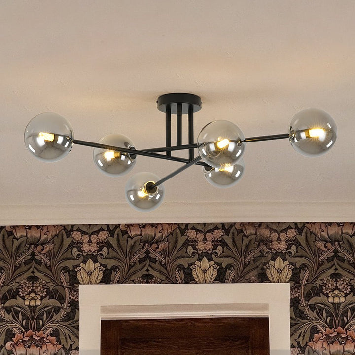 LightFixturesUSA - 6 - Light Smoked Glass Globe Linear Sputnik Semi Flush - Ceiling Light - Black - 