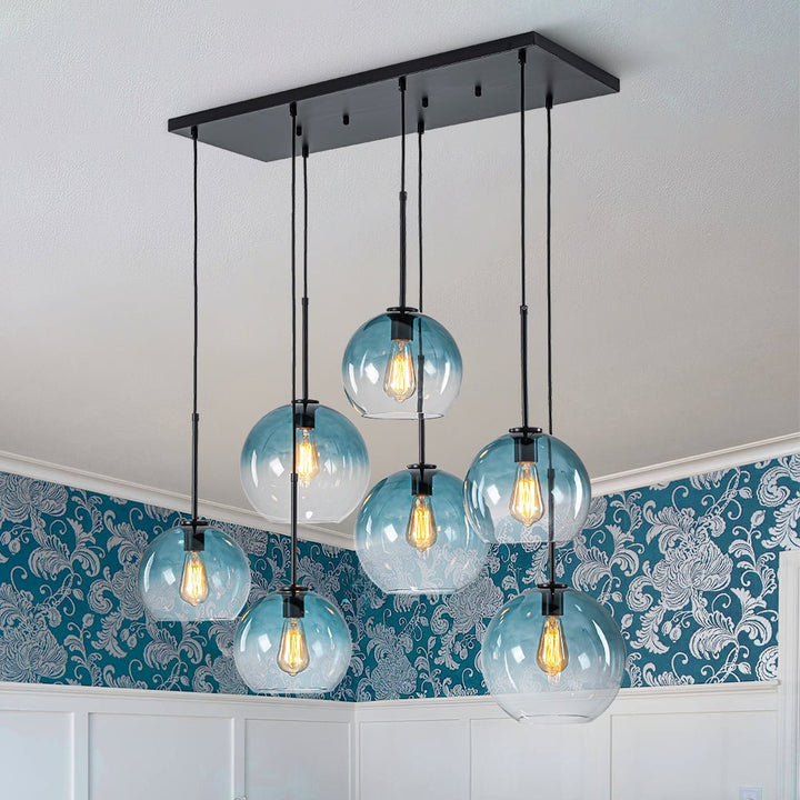 LightFixturesUSA - 7 - Light Cluster Blue Glass Globe Bubble Island Pendant - Chandelier - Blue + Black - 