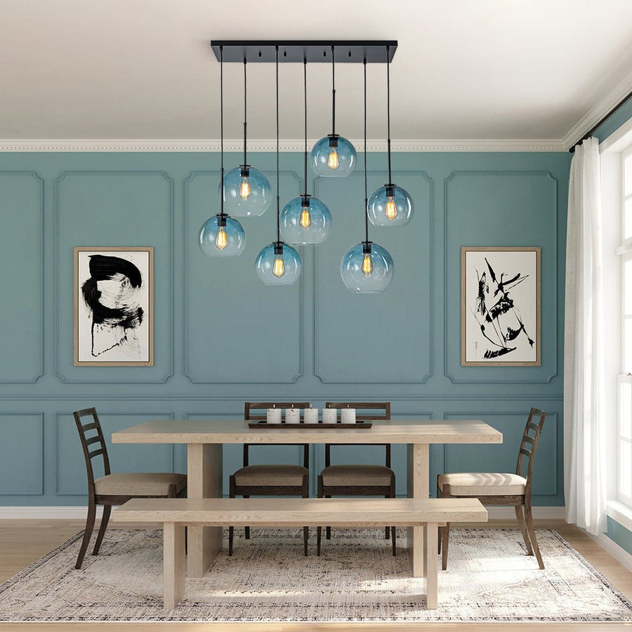 LightFixturesUSA - 7 - Light Cluster Blue Glass Globe Bubble Island Pendant - Chandelier - Blue + Black - 