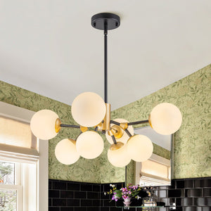 LightFixturesUSA - 8 - Light Black Brass White Glass Globe Round Sputnik Chandelier - Chandelier - 23.2 in - 