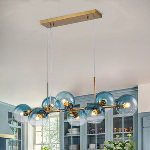 LightFixturesUSA - 8 - Light Color Tinted Glass Globe Bubble Linear Island Chandelier - Chandelier - Brass + Blue - 