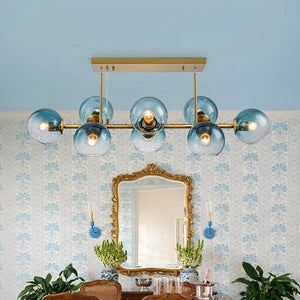LightFixturesUSA - 8 - Light Color Tinted Glass Globe Bubble Linear Island Chandelier - Chandelier - Brass + Blue - 