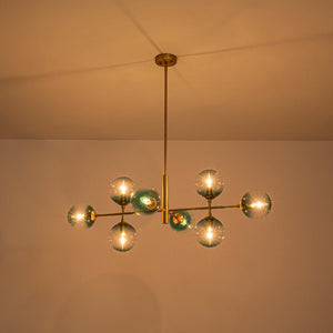 LightFixturesUSA - 8 - Light Linear Sputnik Tinted Blue Glass Bubble Chandelier - Chandelier - Brass - 