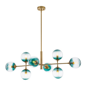 LightFixturesUSA - 8 - Light Linear Sputnik Tinted Blue Glass Bubble Chandelier - Chandelier - Brass - 