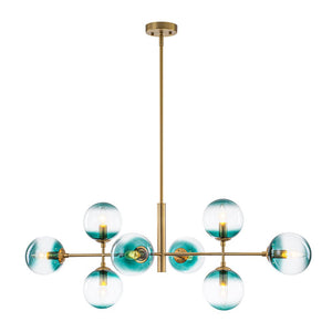 LightFixturesUSA - 8 - Light Linear Sputnik Tinted Blue Glass Bubble Chandelier - Chandelier - Brass - 