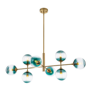 LightFixturesUSA - 8 - Light Linear Sputnik Tinted Blue Glass Bubble Chandelier - Chandelier - Brass - 