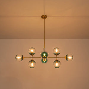 LightFixturesUSA - 8 - Light Linear Sputnik Tinted Blue Glass Bubble Chandelier - Chandelier - Brass - 