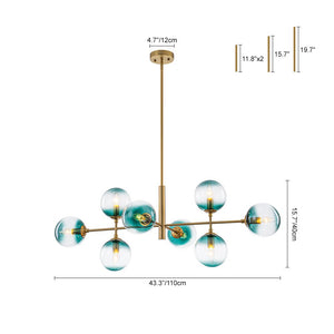 LightFixturesUSA - 8 - Light Linear Sputnik Tinted Blue Glass Bubble Chandelier - Chandelier - Brass - 