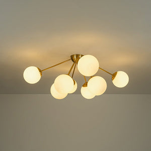 LightFixturesUSA - 8 - Light Opal Glass Bubble Sputnik Semi Flush Chandelier - Ceiling Light - Brass - 
