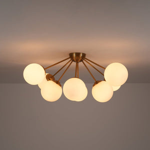 LightFixturesUSA - 8 - Light Opal Glass Bubble Sputnik Semi Flush Chandelier - Ceiling Light - Brass - 