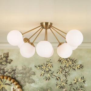 LightFixturesUSA-8-Light Opal Glass Bubble Sputnik Semi Flush Chandelier-Ceiling Light-Brass-