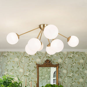 LightFixturesUSA - 8 - Light Opal Glass Bubble Sputnik Semi Flush Chandelier - Ceiling Light - Brass - 