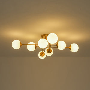 LightFixturesUSA-8-Light Opal Glass Globe Linear Sputnik Semi Flush Chandelier-Ceiling Light-Brass-