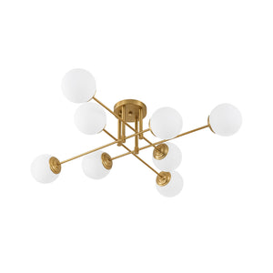 LightFixturesUSA-8-Light Opal Glass Globe Linear Sputnik Semi Flush Chandelier-Ceiling Light-Brass-