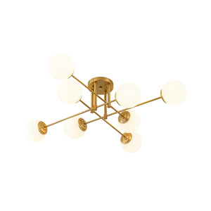 LightFixturesUSA-8-Light Opal Glass Globe Linear Sputnik Semi Flush Chandelier-Ceiling Light-Brass-
