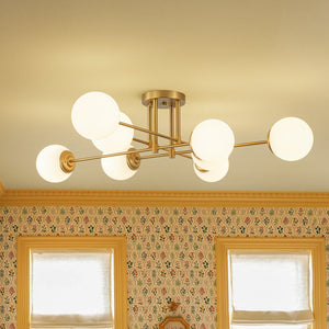 LightFixturesUSA-8-Light Opal Glass Globe Linear Sputnik Semi Flush Chandelier-Ceiling Light-Brass-