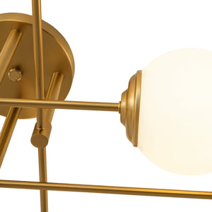 LightFixturesUSA-8-Light Opal Glass Globe Linear Sputnik Semi Flush Chandelier-Ceiling Light-Brass-