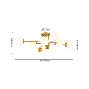 LightFixturesUSA-8-Light Opal Glass Globe Linear Sputnik Semi Flush Chandelier-Ceiling Light-Brass-