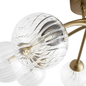 LightFixturesUSA - 8 - Light Ribbed Glass Bubble Sputnik Semi Flush Mount - Ceiling Light - Brass - 