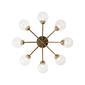 LightFixturesUSA - 8 - Light Ribbed Glass Bubble Sputnik Semi Flush Mount - Ceiling Light - Brass - 