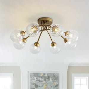 LightFixturesUSA - 8 - Light Ribbed Glass Bubble Sputnik Semi Flush Mount - Ceiling Light - Brass - 