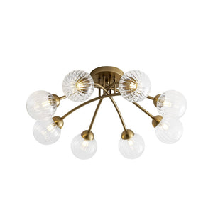 LightFixturesUSA - 8 - Light Ribbed Glass Bubble Sputnik Semi Flush Mount - Ceiling Light - Brass - 