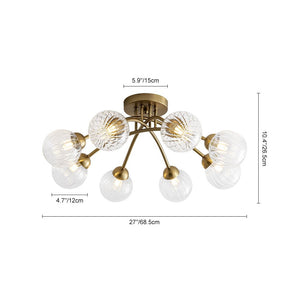 LightFixturesUSA - 8 - Light Ribbed Glass Bubble Sputnik Semi Flush Mount - Ceiling Light - Brass - 