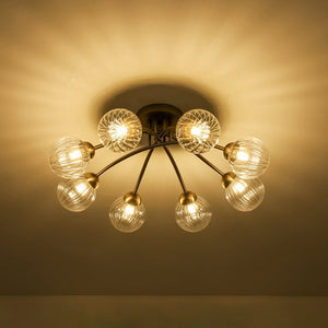 LightFixturesUSA - 8 - Light Ribbed Glass Bubble Sputnik Semi Flush Mount - Ceiling Light - Brass - 
