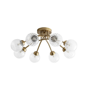 LightFixturesUSA - 8 - Light Ribbed Glass Bubble Sputnik Semi Flush Mount - Ceiling Light - Brass - 