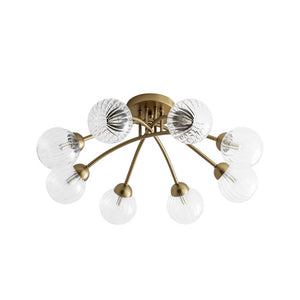 LightFixturesUSA - 8 - Light Ribbed Glass Bubble Sputnik Semi Flush Mount - Ceiling Light - Brass - 