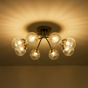 LightFixturesUSA - 8 - Light Ribbed Glass Bubble Sputnik Semi Flush Mount - Ceiling Light - Brass - 
