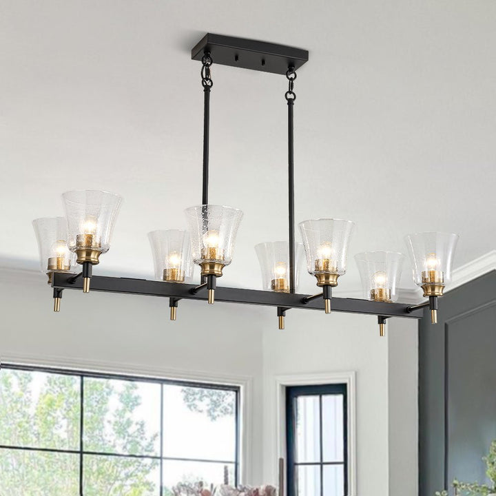 LightFixturesUSA - 8 - Light Seeded Glass Black Brass Linear Island Chandelier - Chandelier - Black + Brass - 