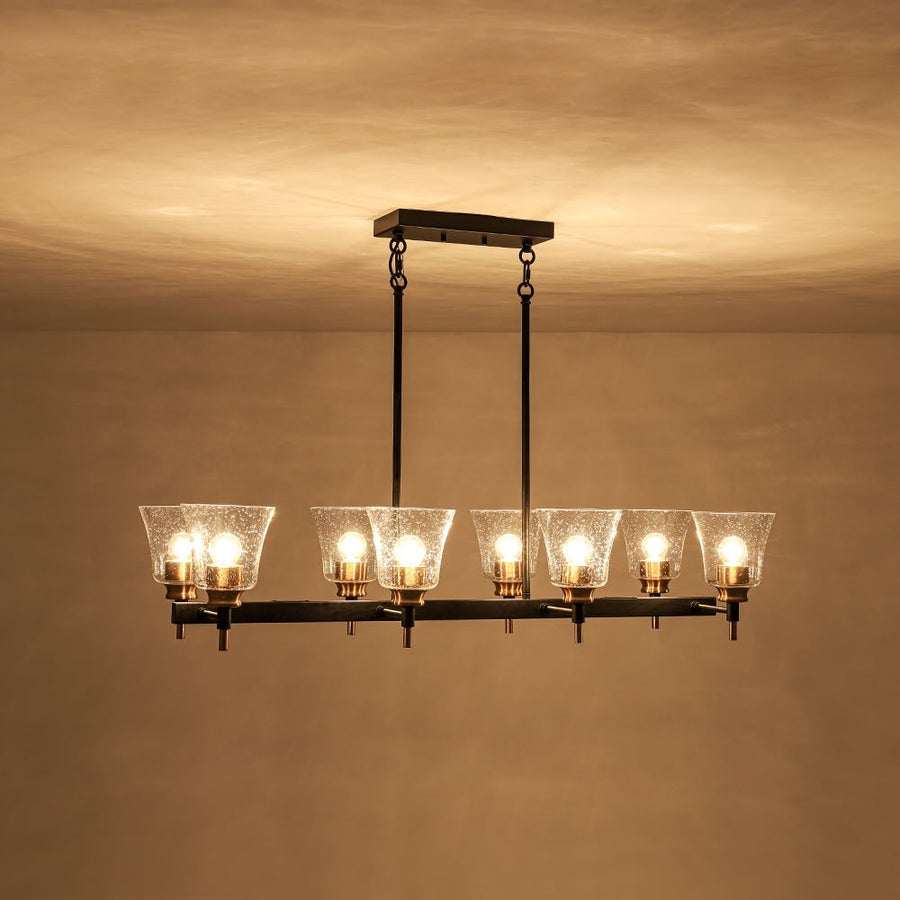 LightFixturesUSA - 8 - Light Seeded Glass Black Brass Linear Island Chandelier - Chandelier - Black + Brass - 