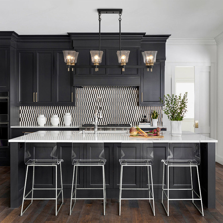 LightFixturesUSA - 8 - Light Seeded Glass Black Brass Linear Island Chandelier - Chandelier - Black + Brass - 