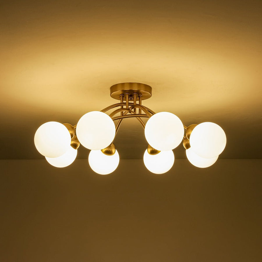 LightFixturesUSA - 8 - Light Sputnik Milky Glass Bubble Semi Flush Mount - Ceiling Light - Brass - 