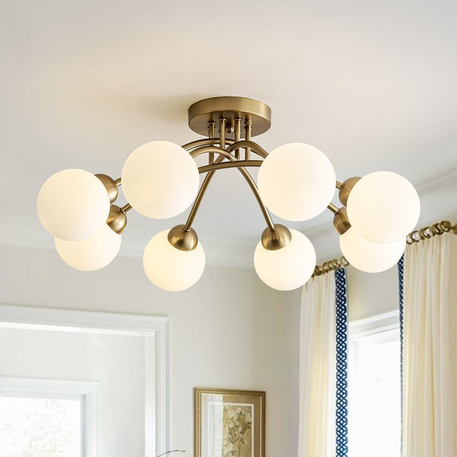 LightFixturesUSA - 8 - Light Sputnik Milky Glass Bubble Semi Flush Mount - Ceiling Light - Brass - 