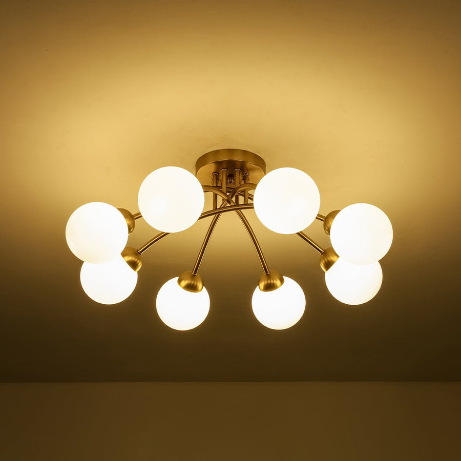 LightFixturesUSA - 8 - Light Sputnik Milky Glass Bubble Semi Flush Mount - Ceiling Light - Brass - 