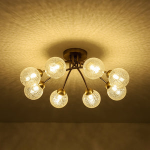 LightFixturesUSA - 8 - Light Textured Crackle Glass Globe Semi Flush Mount - Chandelier - Brass - 