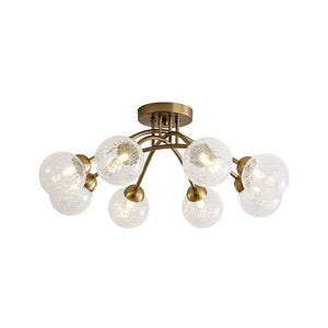 LightFixturesUSA - 8 - Light Textured Crackle Glass Globe Semi Flush Mount - Chandelier - Brass - 