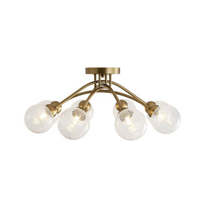 LightFixturesUSA - 8 - Light Textured Crackle Glass Globe Semi Flush Mount - Chandelier - Brass - 