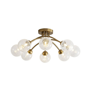 LightFixturesUSA - 8 - Light Textured Crackle Glass Globe Semi Flush Mount - Chandelier - Brass - 