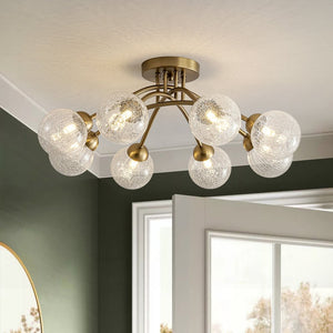 LightFixturesUSA - 8 - Light Textured Crackle Glass Globe Semi Flush Mount - Chandelier - Brass - 