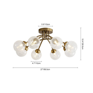 LightFixturesUSA - 8 - Light Textured Crackle Glass Globe Semi Flush Mount - Chandelier - Brass - 
