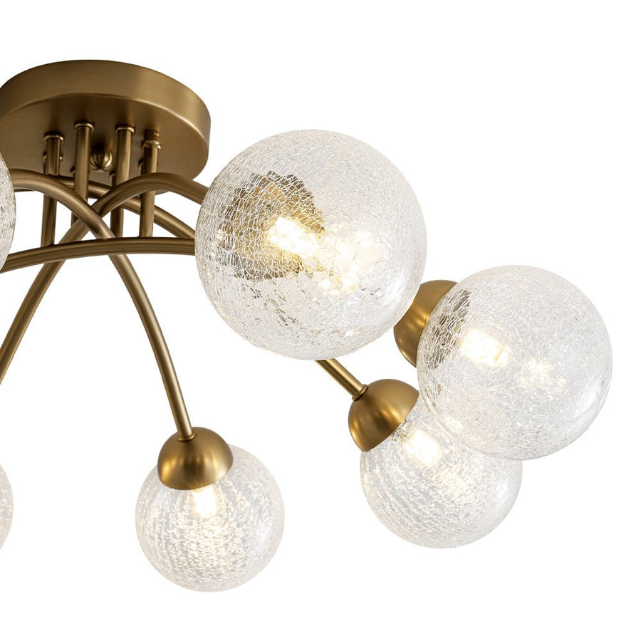 LightFixturesUSA - 8 - Light Textured Crackle Glass Globe Semi Flush Mount - Chandelier - Brass - 