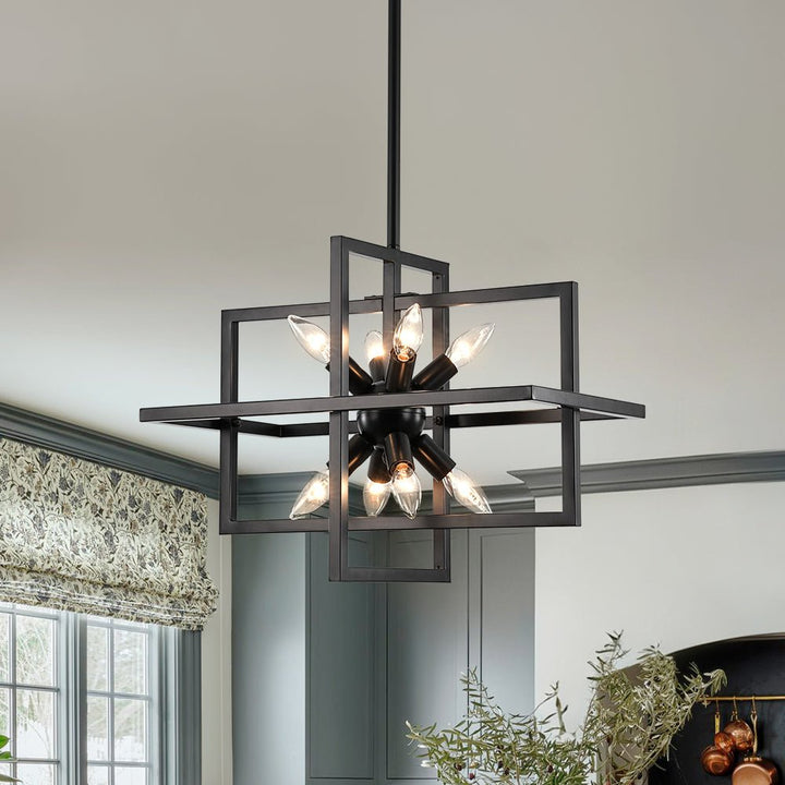 LightFixturesUSA - 8 - Light Vintage Sputnik Black Open Square Lantern Pendant - Chandelier - Black - 