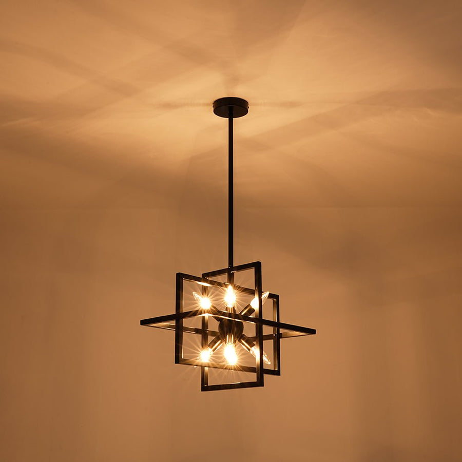 LightFixturesUSA - 8 - Light Vintage Sputnik Black Open Square Lantern Pendant - Chandelier - Black - 