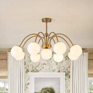LightFixturesUSA-9-Light Opal Glass Bubble Arched Arm Semi Flush Chandelier-Chandelier-Brass-
