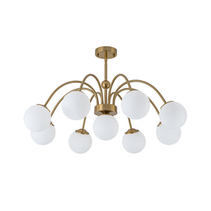 LightFixturesUSA-9-Light Opal Glass Bubble Arched Arm Semi Flush Chandelier-Chandelier-Brass-