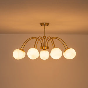 LightFixturesUSA-9-Light Opal Glass Bubble Arched Arm Semi Flush Chandelier-Chandelier-Brass-