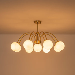 LightFixturesUSA-9-Light Opal Glass Bubble Arched Arm Semi Flush Chandelier-Chandelier-Brass-